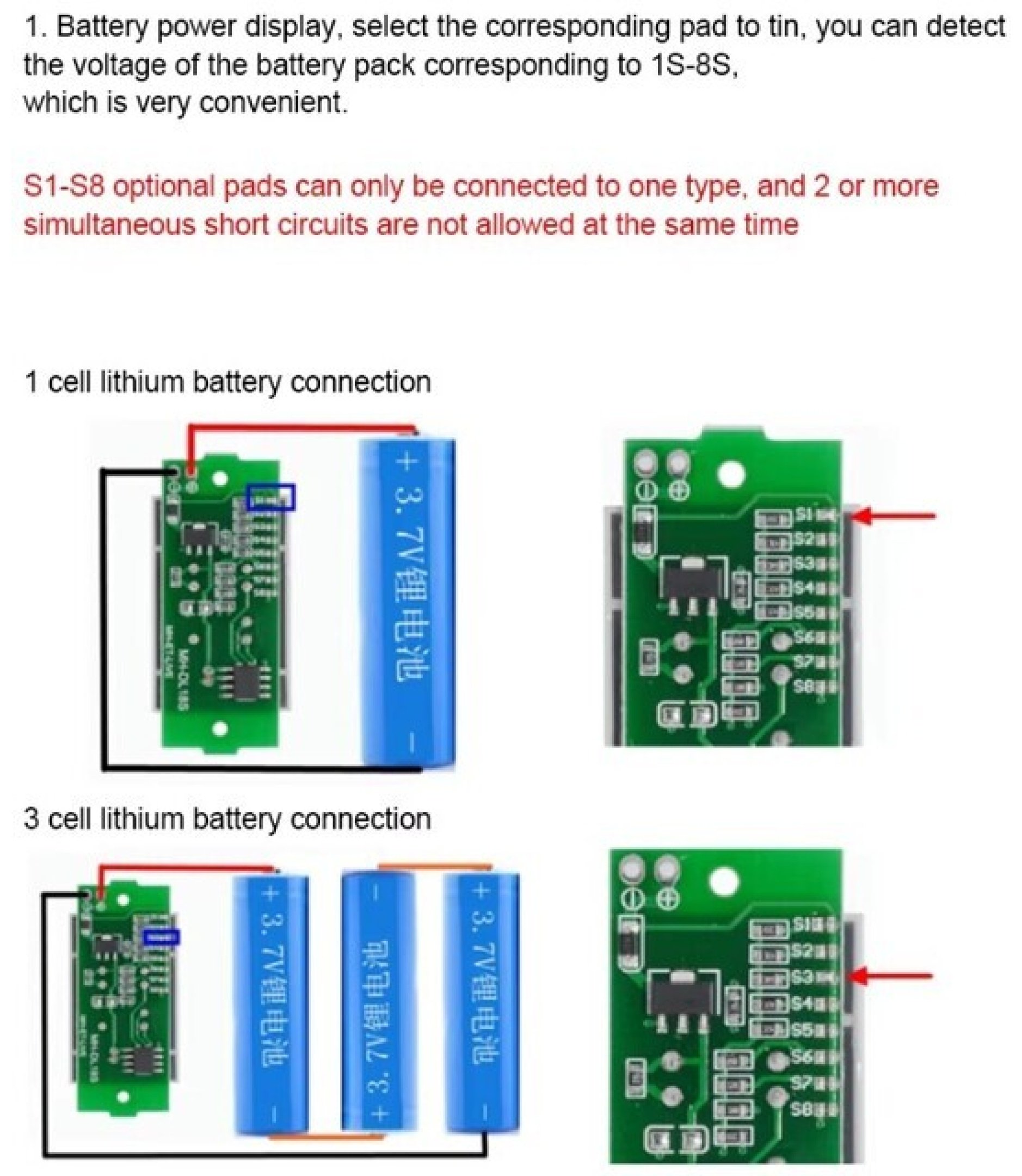 1S - 4S-8S Battery Power Level Green Indicator 4 Segment Display Module