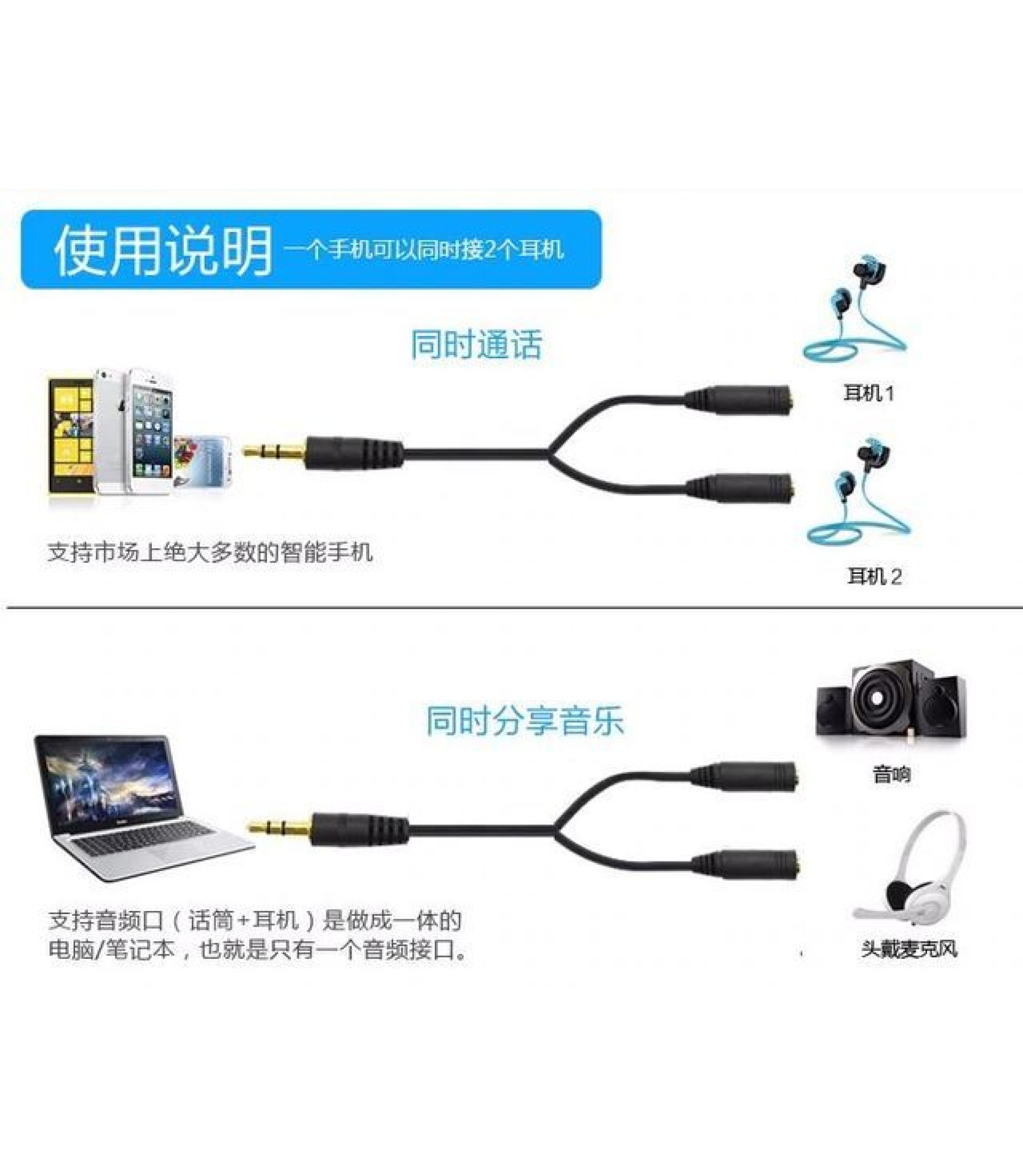 4567.JPG.jpg 3.5mm Stereo Cable Male to Dual Female 3.5mm Black Color
