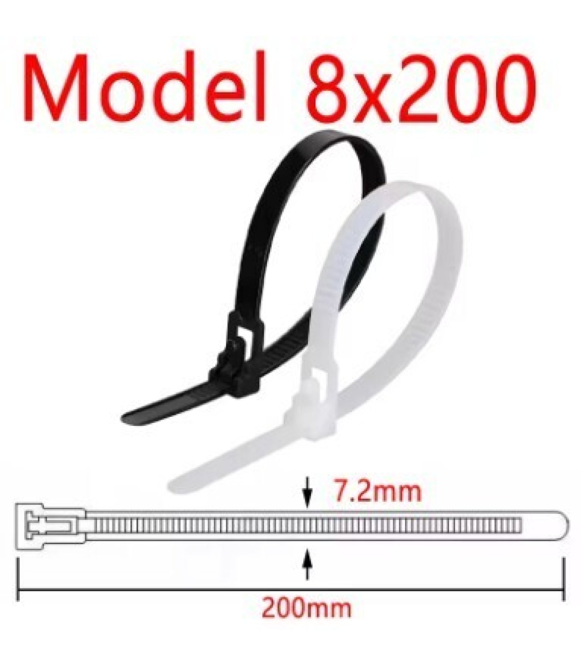 Removable Black Nylon Cable Ties 8mm 200mm 100PCS