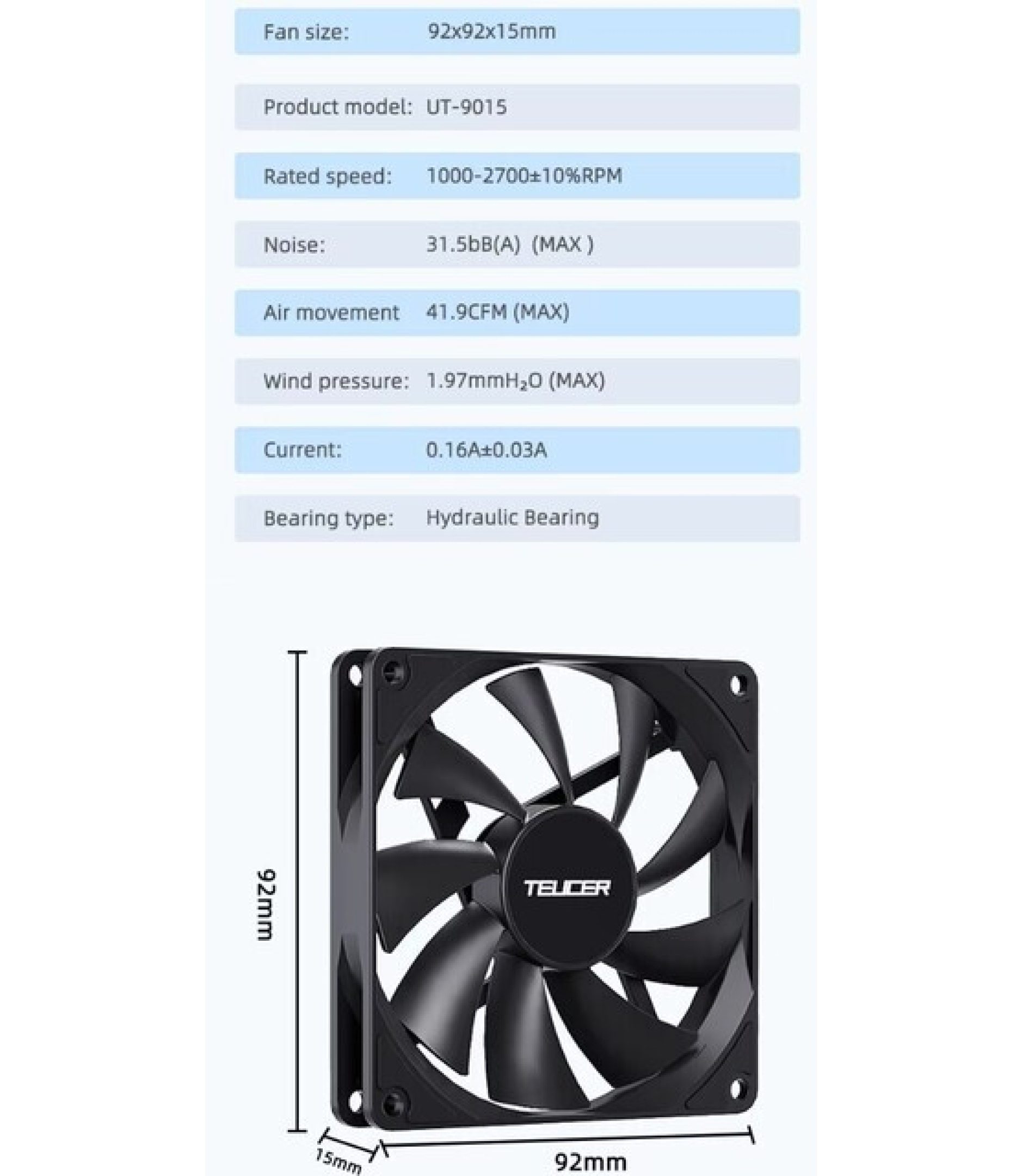 DC Brushless Computer Fan 92x92x15mm UT-9015