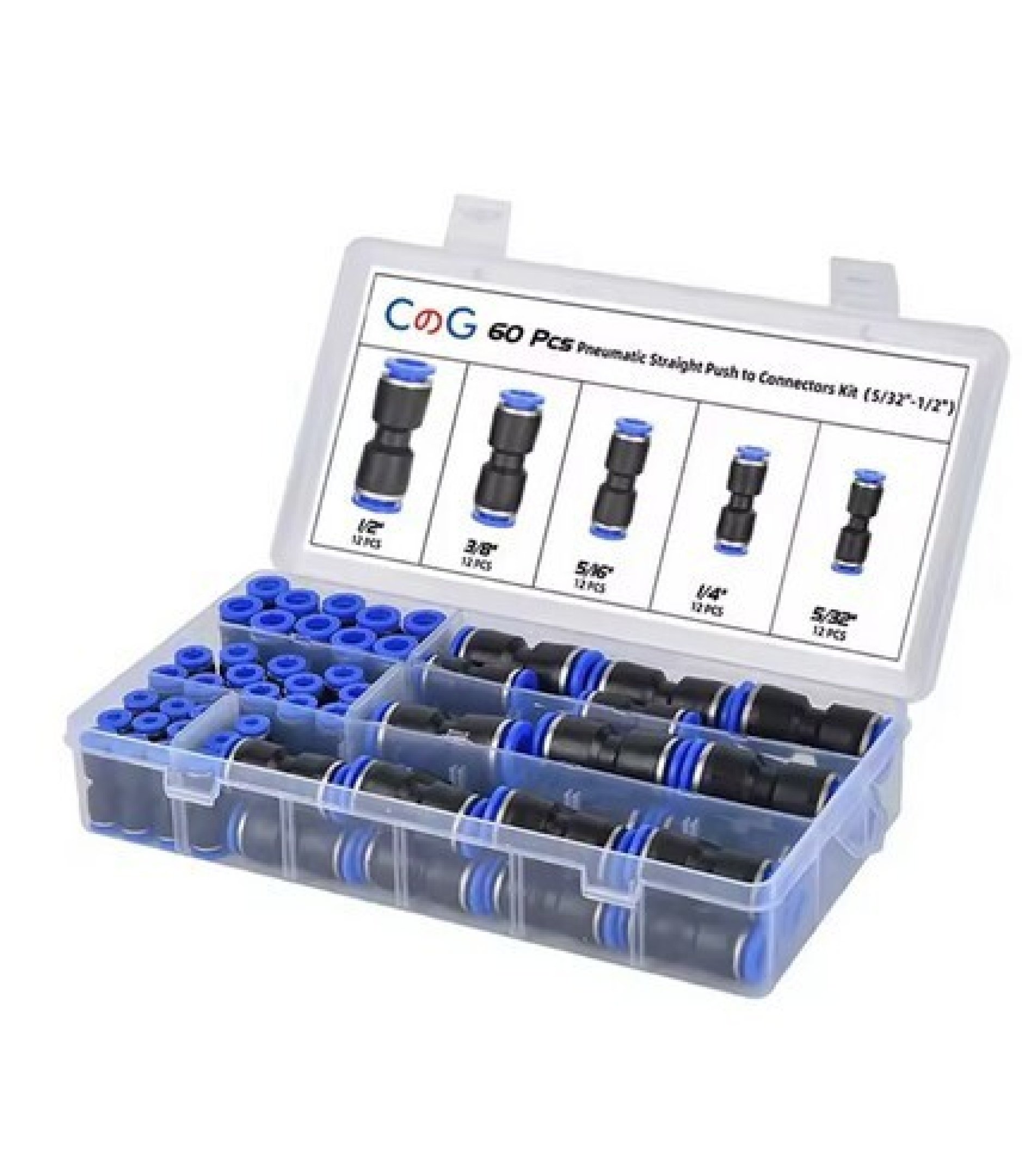 60PCS Air Straight Pneumatic Fittings PU 1/2",3/8",5/6",1/4",5/32"