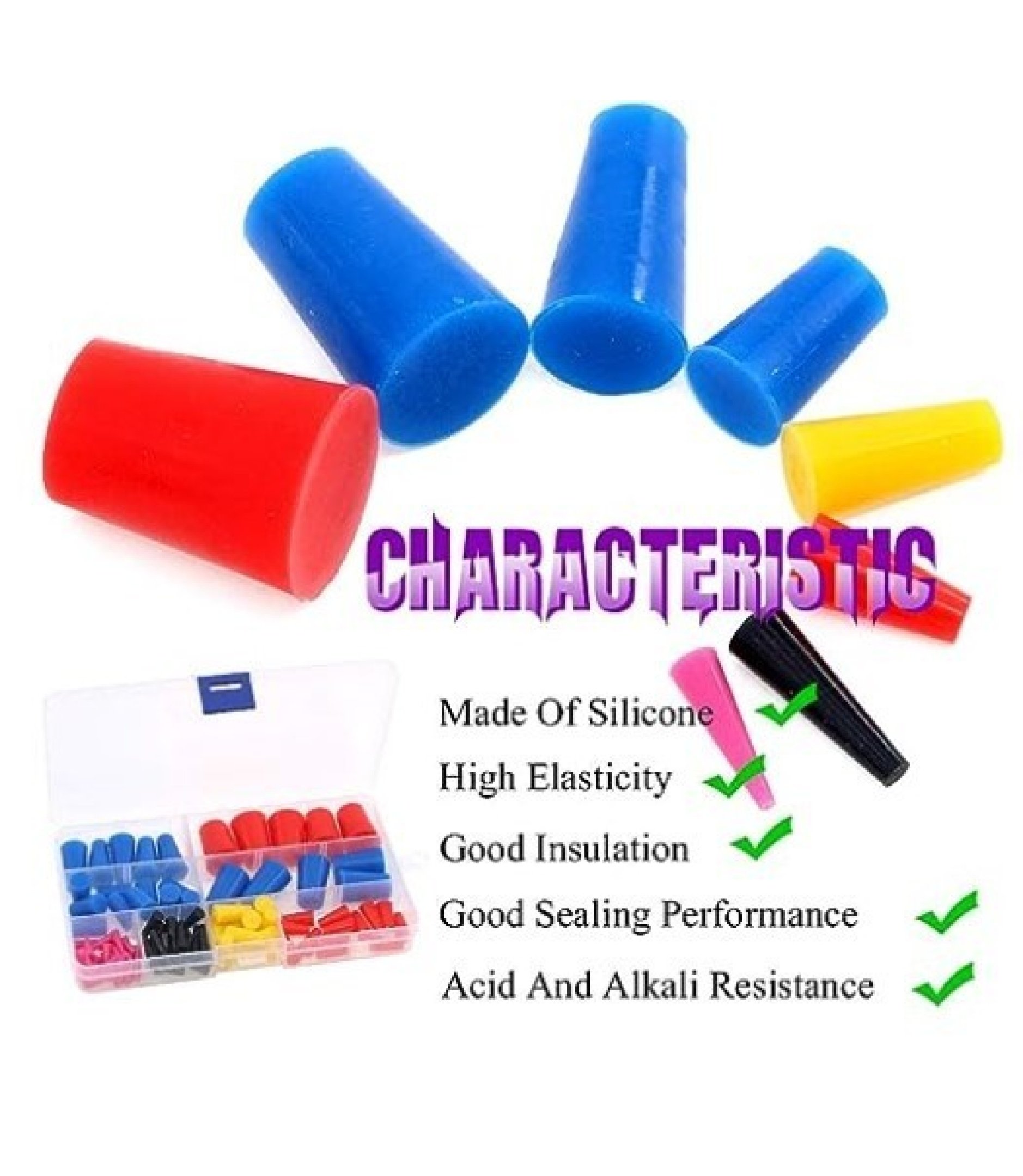 A-7040-3.jpg High Temp Silicone Rubber Tapered Plug Kit 8 Size 60 PCS