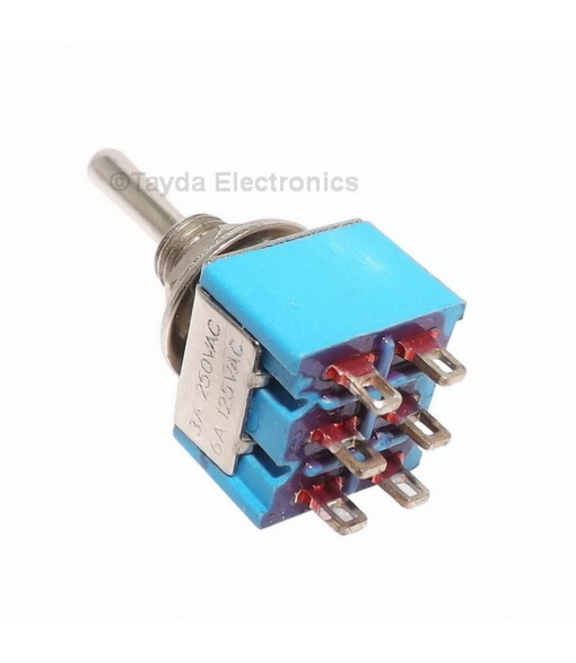 Electronic component image of Mini Toggle Switch DPDT On-On-On for circuit design.