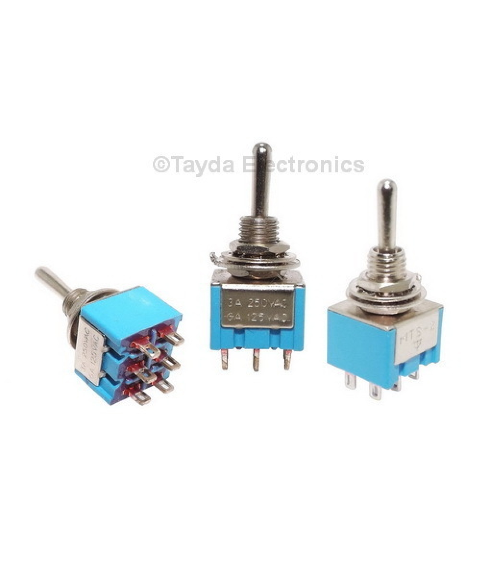 Electronic component image of Mini Toggle Switch DPDT On-On-On for circuit design.