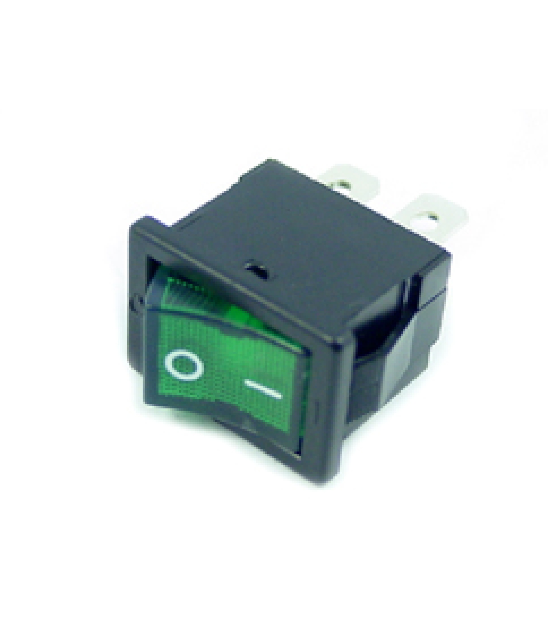 Electronic component image of Rocker Switch DPST 6A 250VAC Panel Mount Snap-In with Green ON/OFF Lamp for circuit design.