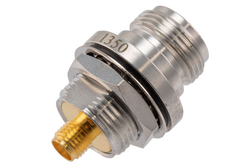 Hermetically Sealed N Female to SMA Female Bulkhead Mount RF Adapter, 11 GHz, 1.35:1 VSWR, MIL-STD-348B