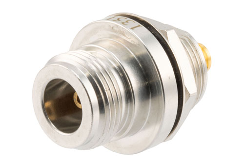 N Female to SMA Female Hermetically Sealed Bulkhead Mount Adapter, 18GHz, VSWR 1.35, MIL-STD 348B