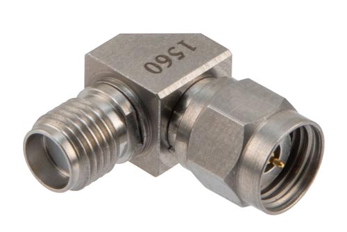 PE91560.jpg Precision 2.4mm Male to 2.4mm Female Miter Right Angle RF Coaxial Adapter, DC-27 GHz | High-Performance, Cost-Effective, Fast Delivery