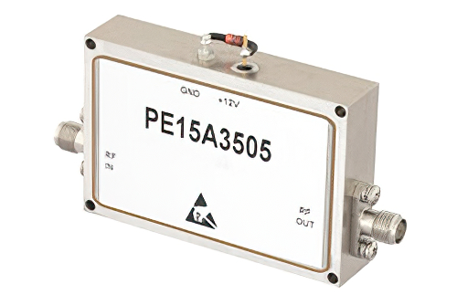 PE15A3505.jpg 48 dB Gain, 1 Watt P1dB, 6 GHz to 12 GHz, Broadband High Gain Amplifier, 39 dBm IP3, 5 dB NF, SMA