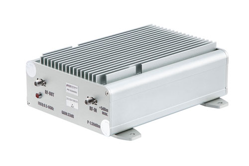 Broadband GaAs Power Amplifier: 0.5-6 GHz, 1.25W Psat, 32 dB Gain, AC Powered (110/240VAC) Bench-Top Unit with Heatsink & SMA. Cost-Effective Alternative.