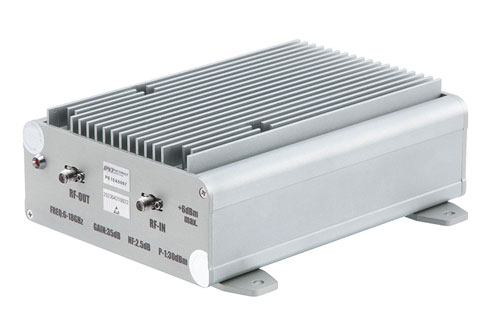 2W Psat, 35 dB Gain, 6 GHz to 18 GHz, AC Powered Broadband GaAs Power Amplifier with Heatsink, Bench-Top, 110/240VAC, SMA