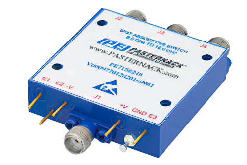 PE71S6246.jpg Absorptive SP3T PIN Diode Switch Operating From 8 GHz to 12 GHz Up to 0.1 Watts (+20 dBm) and Field Replaceable SMA