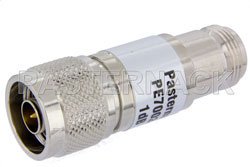 8 dB Fixed Attenuator, N Female to N Male Brass Nickel Body Rated to 1 Watt Up to 3 GHz - Cost-Effective Alternative